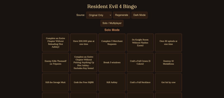 RE4 Remake Bingo board app preview